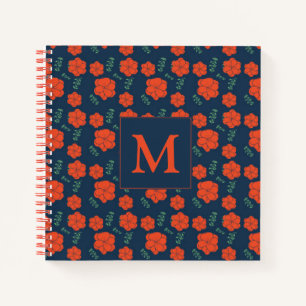 Rood Bloemen Patroon Donkerblauw Monogram Notitieboek