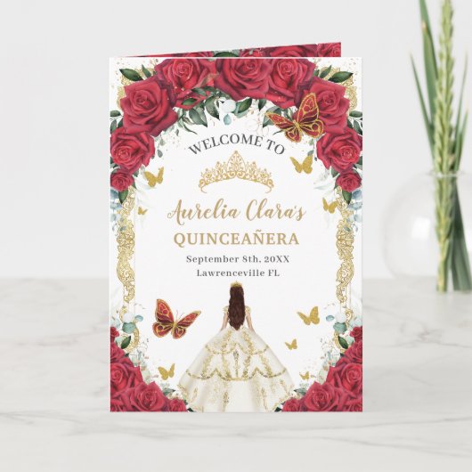 Rood Bloemen Wit Jurk Quinceañera Orde der Gebeurt Programma (Voorkant)