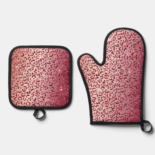 Rood Blush Roze glitter Sparkle Leopard Print Ovenwant & Pannenlap Set (Voorkant)