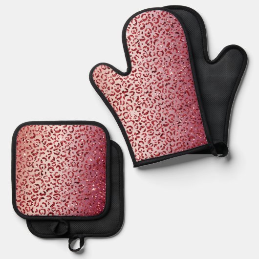 Rood Blush Roze glitter Sparkle Leopard Print Ovenwant & Pannenlap Set (Voorkant / Achterkant)