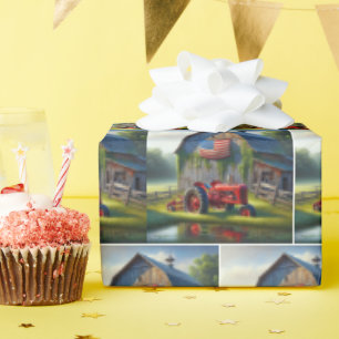 Rood Boerderij Tractor met Patriottische Schuur Cadeaupapier