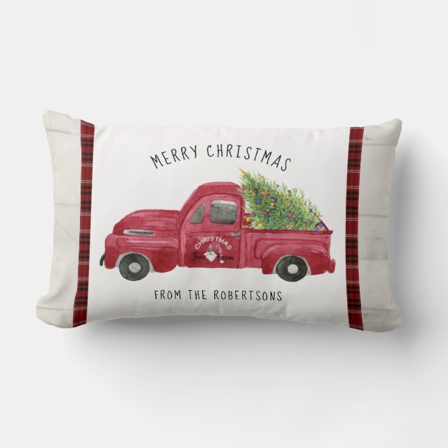 Rood Boerderij Truck Rustiek Hout Vrolijke Kerstbo Kussen (Voorkant)