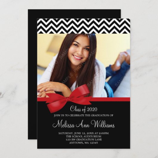 Rood Bow Chevron Foto Afstuderen Aankondiging (Voorkant / Achterkant)