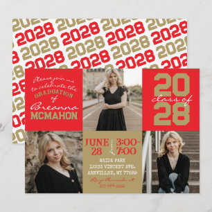 Rood & Brons Goud 3 Foto Afstuderen Invitation Kaart