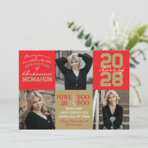 Rood & Brons Goud 3 Foto Afstuderen Invitation Kaart