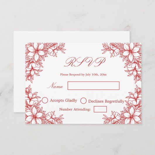 Rood Bruiloft RSVP met Bloemen graphics (Voorkant / Achterkant)