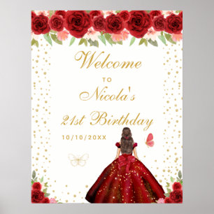 Rood Bruin Haar Meisje Verjaardagsfeest Welkom Poster