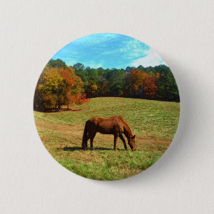 Rood bruin paard, Blauwgroen blauwe hemel Ronde Button 5,7 Cm