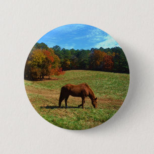 Rood bruin paard, herfst, blauwe luiers ronde button 5,7 cm