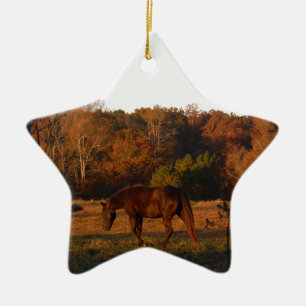 Rood bruin paard, herfst bossen. keramisch ornament