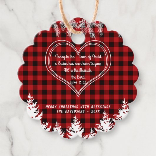 Rood buffelpatroon Bijbel Verse kerstpine Bedankjes Labels (Voorkant)