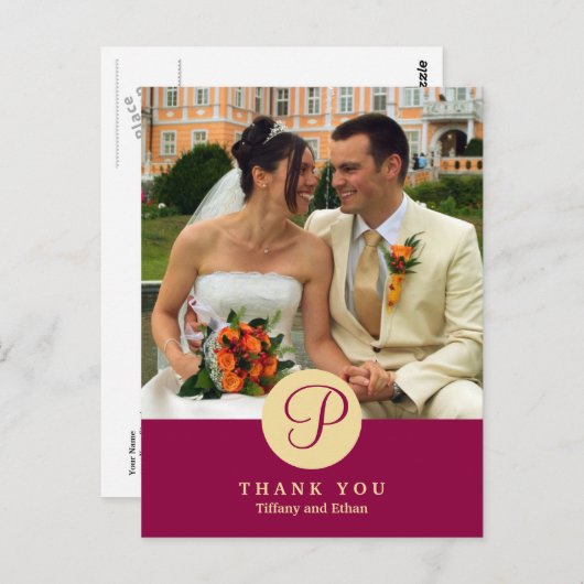 Rood centrum klassieke monogram foto bedankt briefkaart (Voorkant / Achterkant)