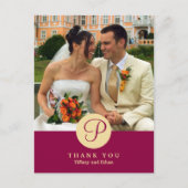 Rood centrum klassieke monogram foto bedankt briefkaart (Voorkant)