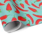 Rood Chillies Patroon op Blauwgroen Blauw Cadeaupapier (Rol Hoek)