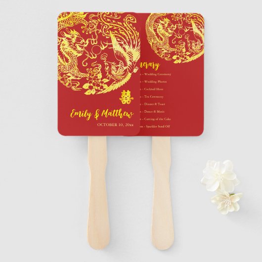 Rood Chinees Dragon Phoenix logo huwelijksprogramm Handwaaier (Voorkant en achterkant)