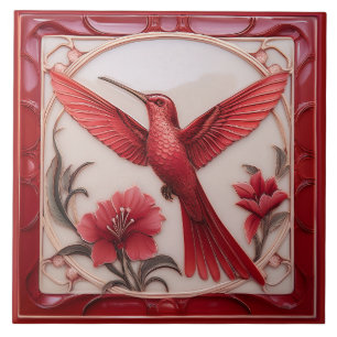 Rood & crème namaak reliëf Art Nouveau Kolibrie L Tegeltje
