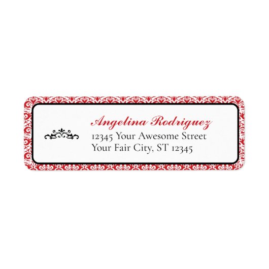 Rood Damask Pattern Afstuderen Etiket (Voorkant)