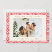  rood damast feestelijk twee foto kerst feestdagenkaart (Voorkant)