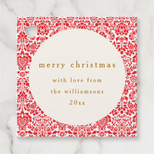 rood damast feestelijke aangepaste vrolijke kerst bedankjes labels