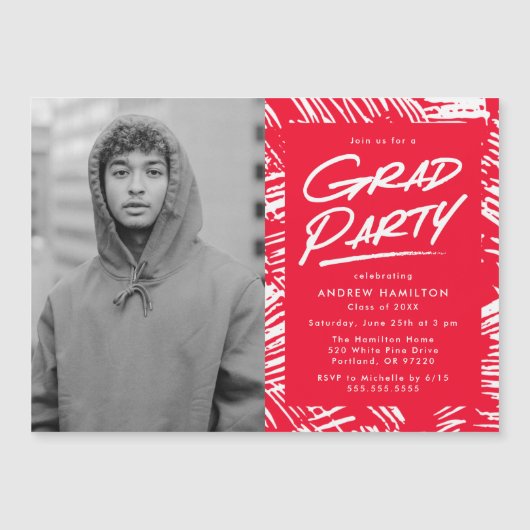 Rood | Dashed Photo Graduparty Magnetische Uitnodiging (Voorkant)