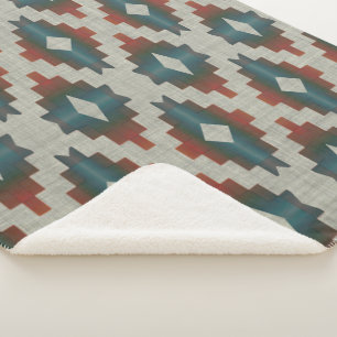 Rood Donkerbruin Blauwgroen Blauw Grijs Tribal Art Sherpa Deken