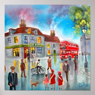 Rood dubbeldeksbus straatschilderij poster