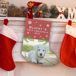 Rood eerste kerstfoto Puppy Photo Pine Snowflake Kleine Kerstsok