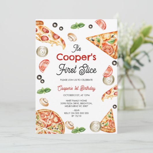 rood eerste plak pizza 1e verjaardag kaart (Staand voorkant)