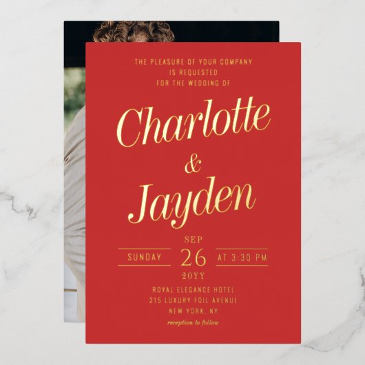 Rood Elegant Folie Script Fotobruiloft Folie Uitnodiging (Voorkant / Achterkant)