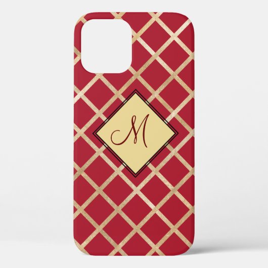 Rood Elegant Monogram Goud Diamant Patroon Case-Mate iPhone Case (Achterkant)