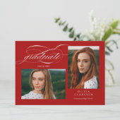 Rood Elegant Script 3 Photo Graduation Party Kaart (Staand voorkant)