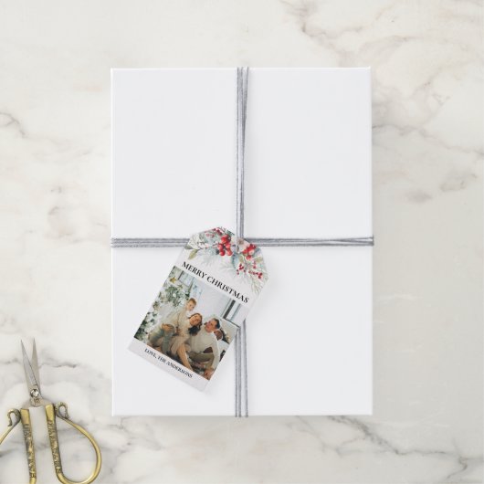 Rood Elegant Script en Foto | Kerstbessen Cadeaulabel (Met Touw)