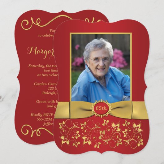 Rood en 65th Photo Birthday Invitation Kaart (Voorkant / Achterkant)