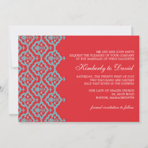 Rood en Aqua Damask Wedding Uitnodiging