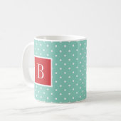 Rood en Aqua Polka Dots Monogram Koffiemok (Voorkant links)