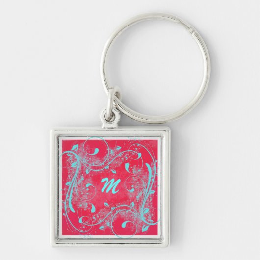 Rood en Aqua Swirls Monogram Sleutelhanger (Voorkant)