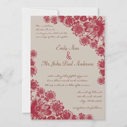 Rood en beige Daisy Wedding Invitations Kaart (Voorkant)