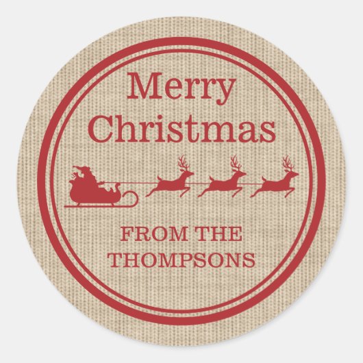 Rood- en beige kersttasje en aangepaste tekst ronde sticker (Voorkant)