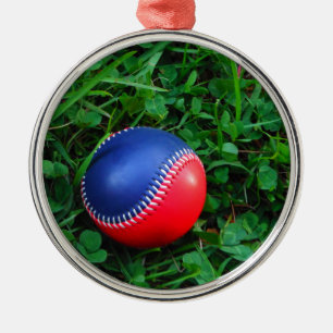 Rood- en blauw Baseball met witte onderdruk Metalen Ornament