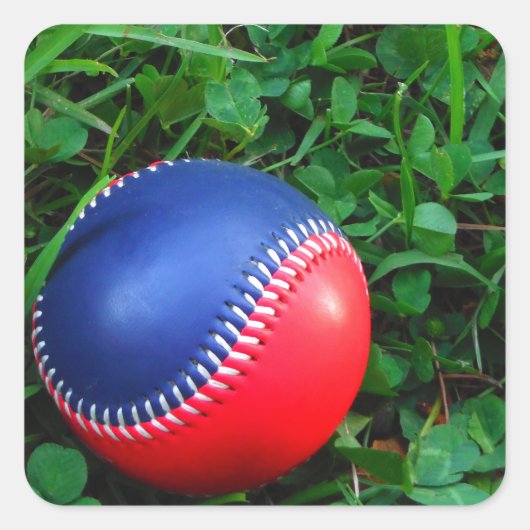 Rood- en blauw Baseball met witte onderdruk Vierkante Sticker (Voorkant)