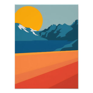 Rood en blauw berglandschap - Retro Outdoor Adve Foto Afdruk