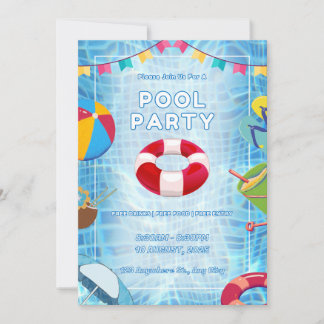 Rood En Blauw Cursieve Zwembadfeest Kaart