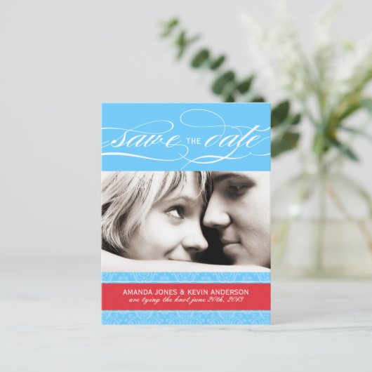 Rood en Blauw Damast Save the Date Aankondigingskaart (Staand voorkant)