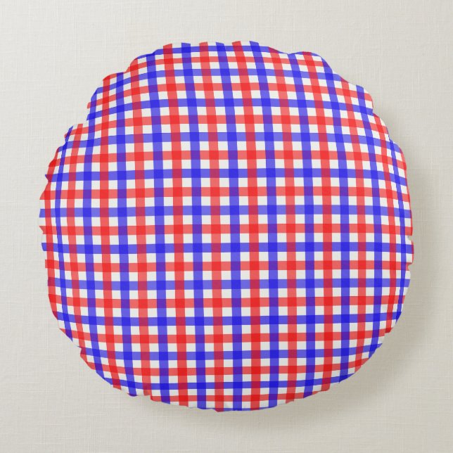 Rood en blauw Gingham Plaid Rond Kussen (Voorkant)