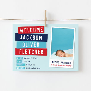 Rood en Blauw Snapshot Magnetische Geboorteaankond Uitnodiging