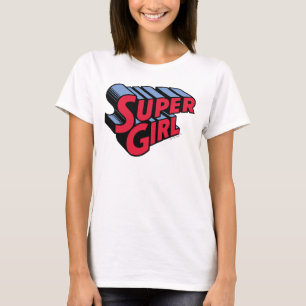Rood en Blauw Supergirl Gestapelde Naam Logo T-shirt
