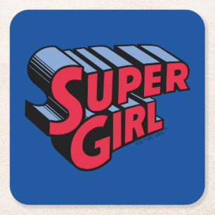 Rood en Blauw Supergirl Gestapelde Naam Logo Vierkante Kartonnen Onderzetter
