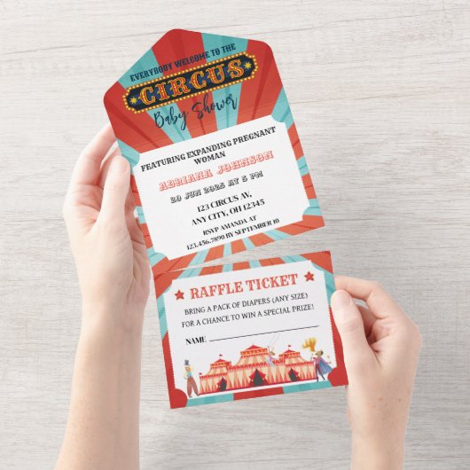 Rood en blauw ticket Circus Baby shower All In One Uitnodiging (Afscheurbaar)