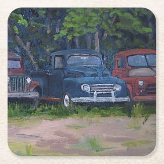 Rood en blauw  vrachtwagens, origineel schilderij vierkante kartonnen onderzetter