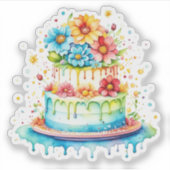 Rood en Blauw Whimsical Verjaardagstaart Waterverf Sticker (Voorkant)
